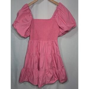 Entro Womens Pink Puff Sleeve Tiered‎ Mini Dress M Pink Smocked Bodice Coquette